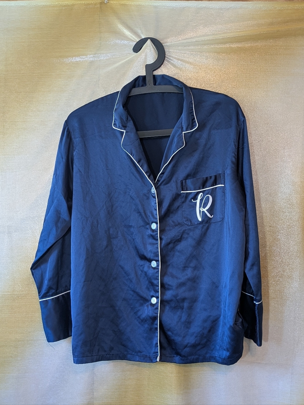 Navy Blue Satin Button Down Pajama Top and Bottom